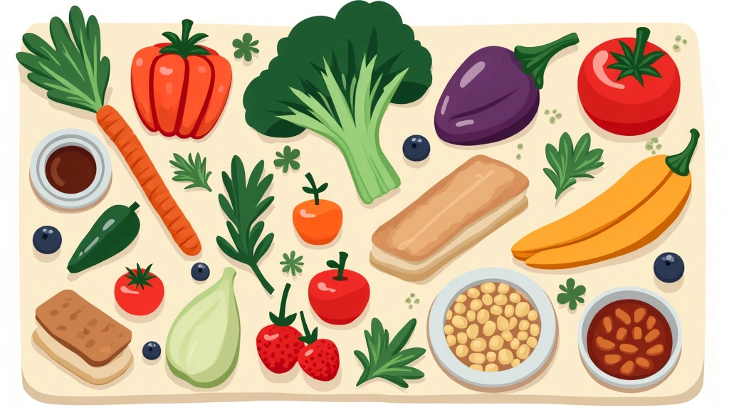 Stylisierte Darstellung eines Ernährungsplans mit verschiedenen gesunden Zutaten