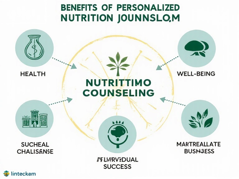Eine Grafik, die die Vorteile einer personalisierten Ernährungsberatung darstellt, mit Symbolen für Gesundheit, Wissen und Wohlbefinden.