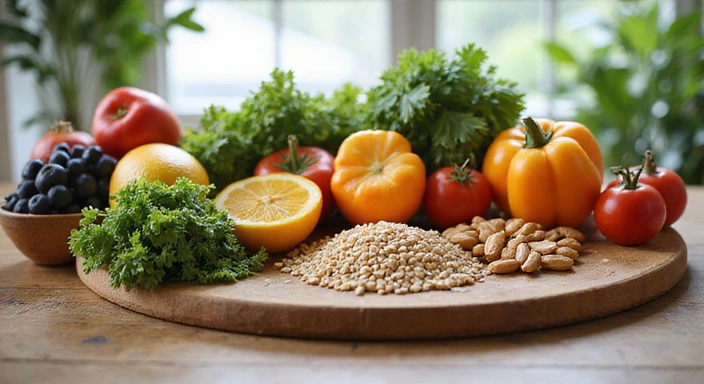 Tisch mit frischem Obst, Gemüse, Nüssen und Getreide, die eine ausgewogene Ernährung symbolisieren.